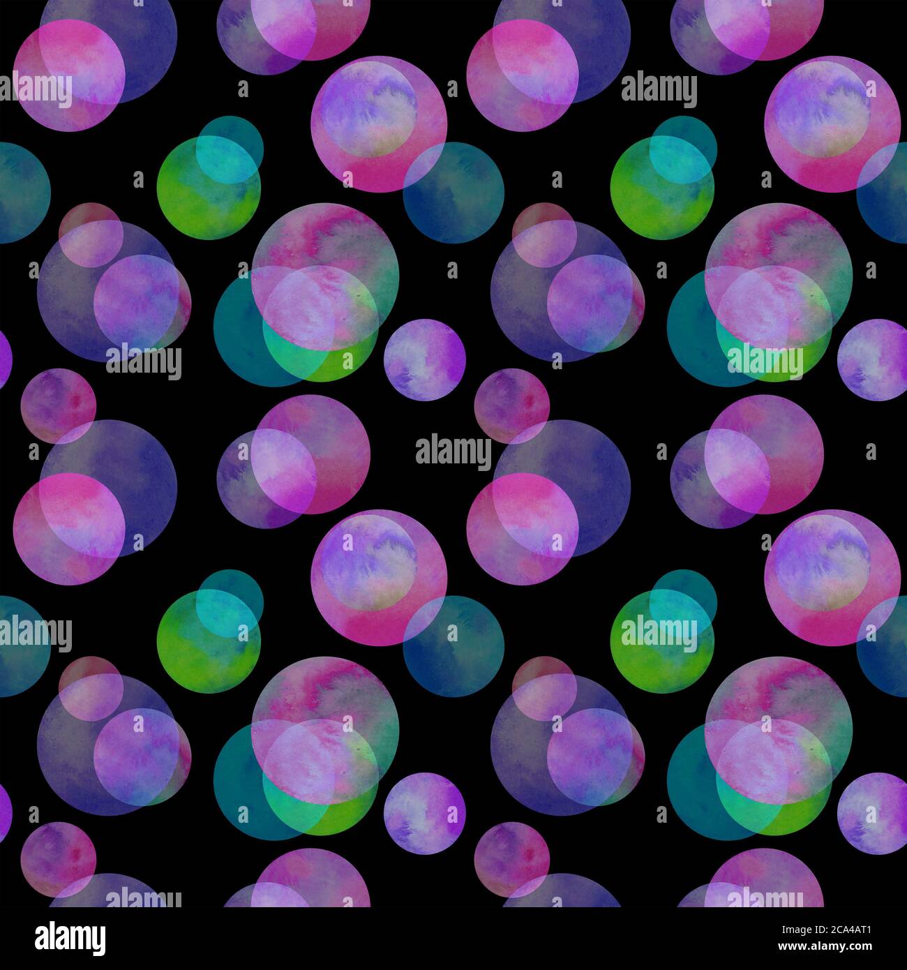 Circles multi-colored neon watercolor seamless pattern. Abstract watercolour background with colorful circles on black. Hand drawn round shaped textur Stock Photo