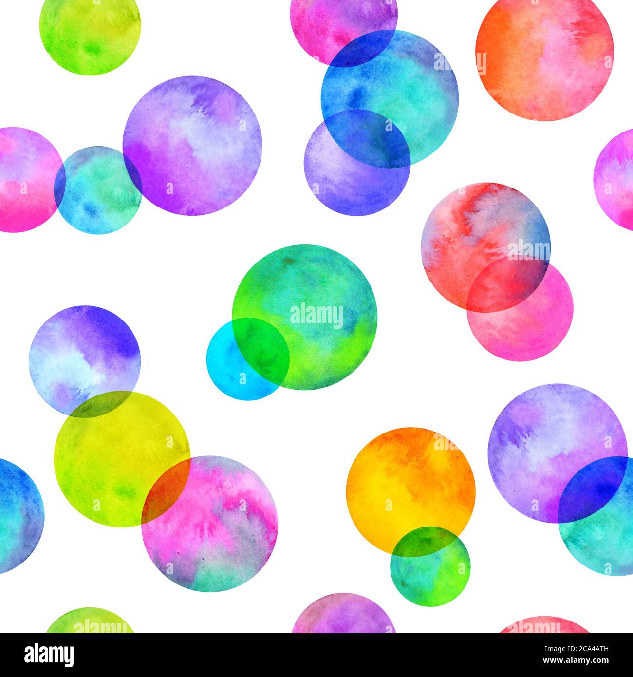 Circles multi-colored neon watercolor seamless pattern. Abstract watercolour background with colorful circles on white. Hand drawn round shaped textur Stock Photo
