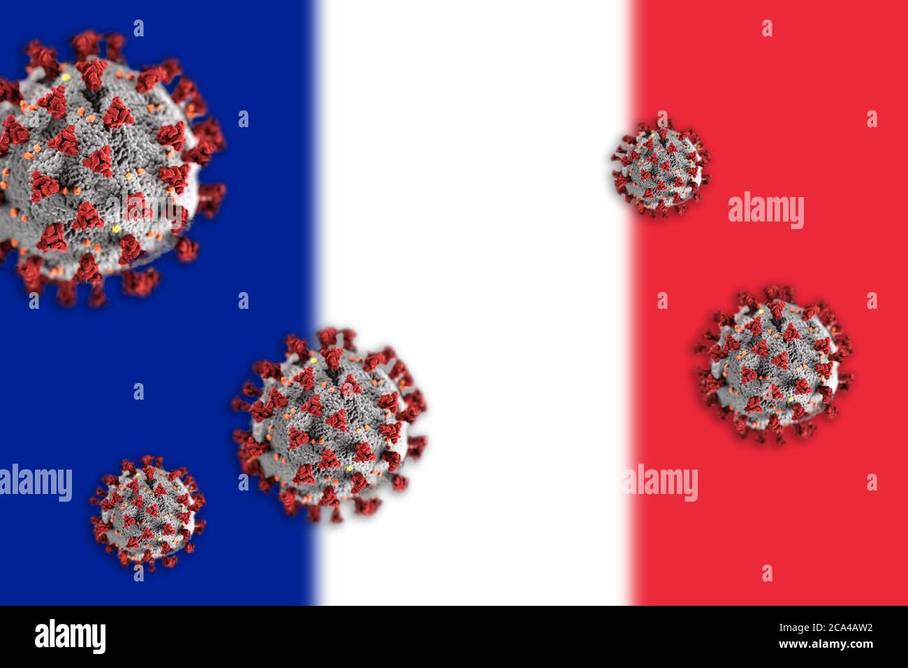 Concept of Coronavirus or Covid-19 particles overshadowing blurred flag of France in background. Stock Photo