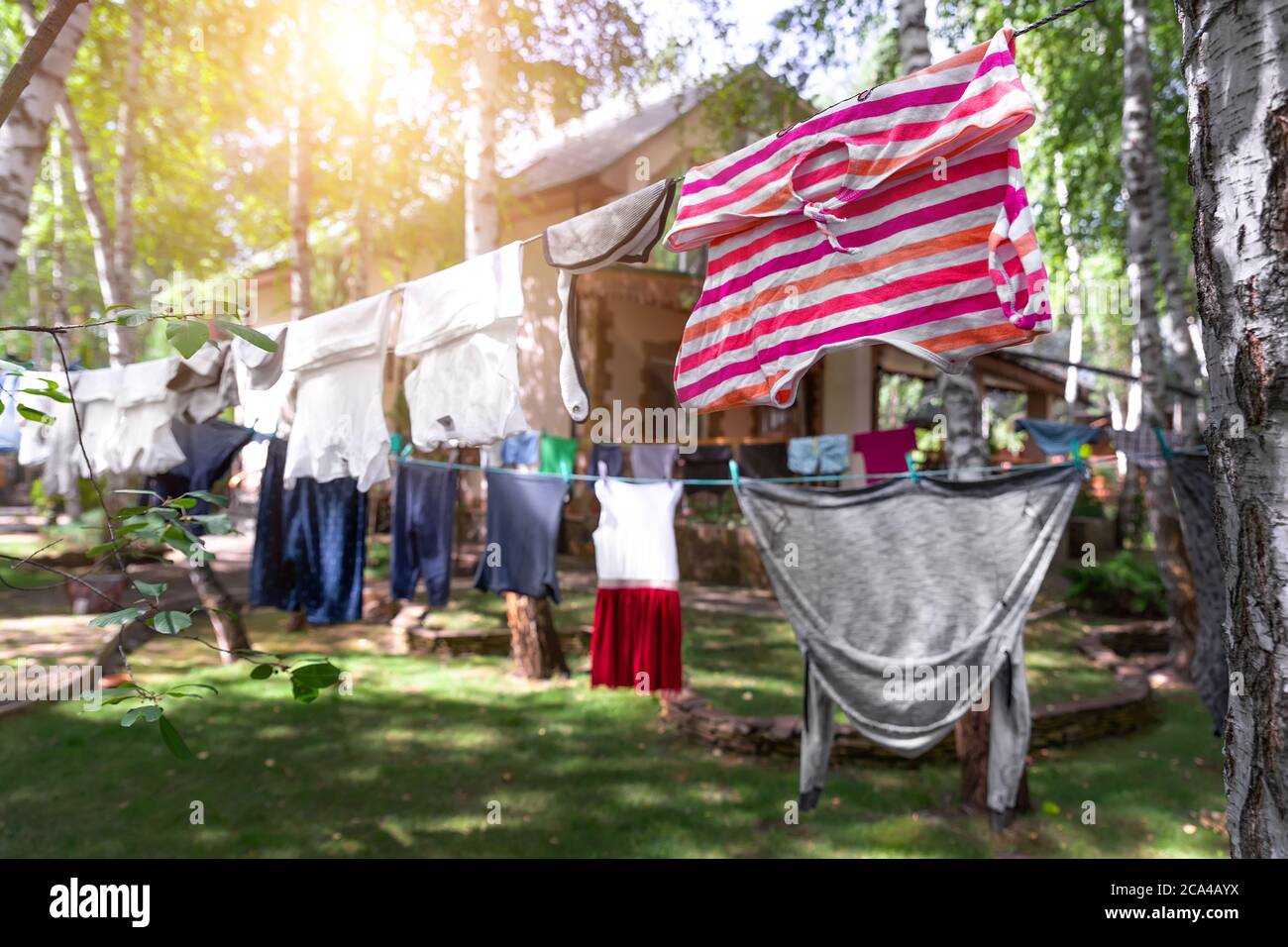 Clothes Hanging On Rural Clothesline High Resolution Stock Photography ...