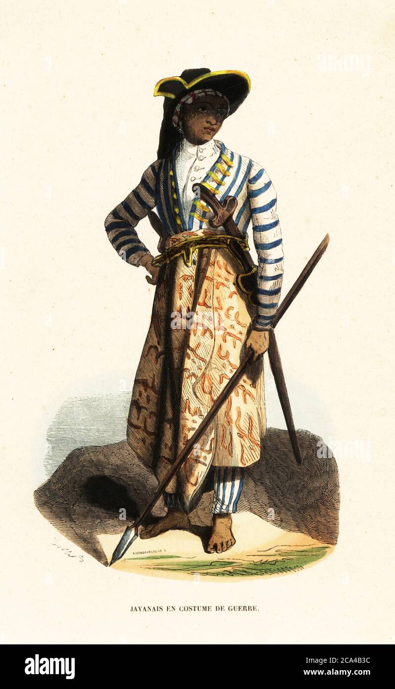 A Javan man in war dress. Man in chelana (pantaloons), sikapan (jacket), kotan and sangsang (vests), ang’ger (belt), pedang (sword) and kris (dagger). Javanais en costume de guerre. Adapted from a painting by William Daniell in Sir Thomas Raffles’ History of Java, 1824.. Handcoloured woodcut by A. Vangauberghe after William Daniell from Auguste Wahlen's Moeurs, Usages et Costumes de tous les Peuples du Monde, (Manners, Customs and Costumes of all the People of the World) Librairie Historique-Artistique, Brussels, 1845. Stock Photo