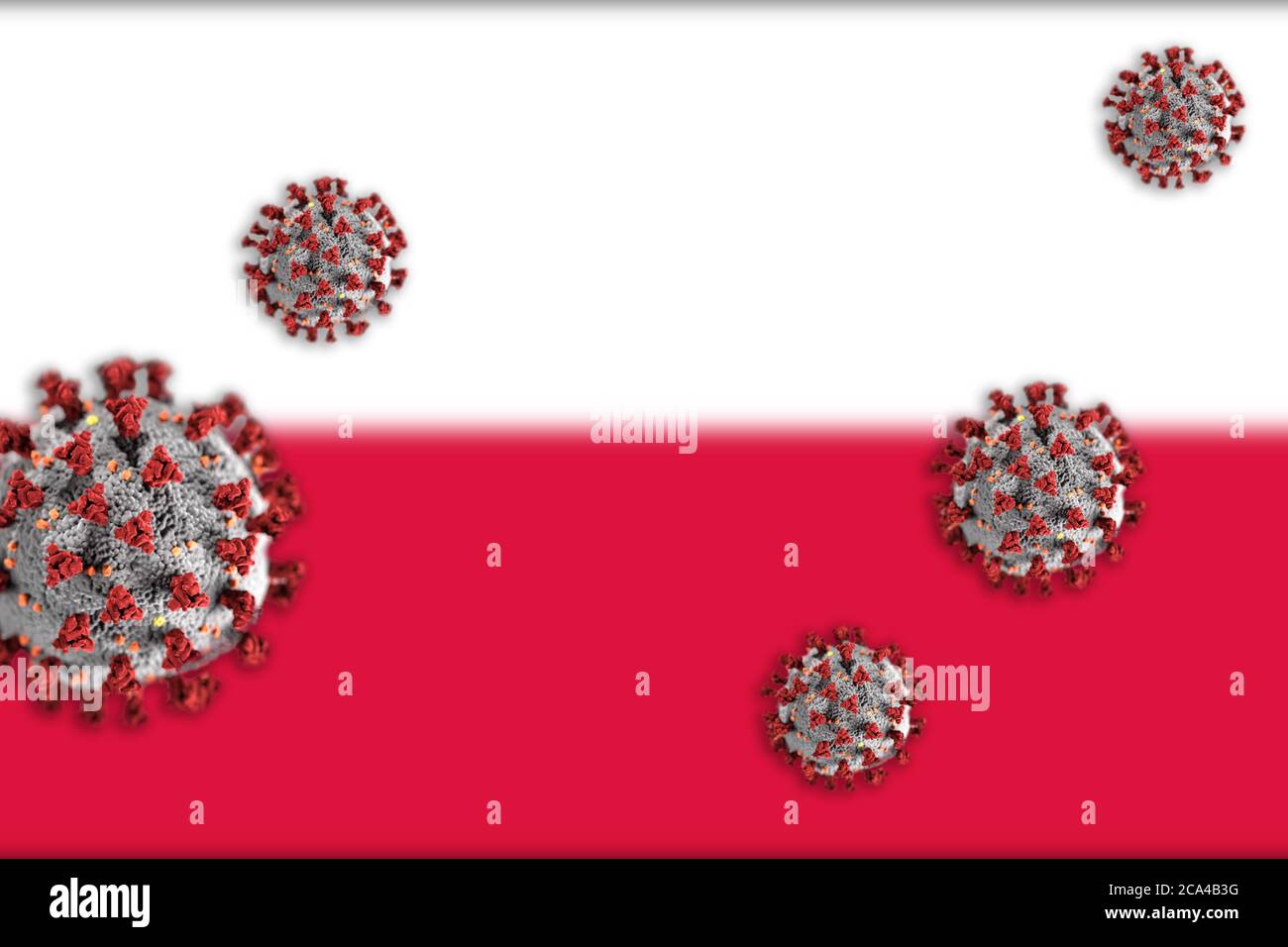 Concept of Coronavirus or Covid-19 particles overshadowing blurred flag of Poland in background. Stock Photo