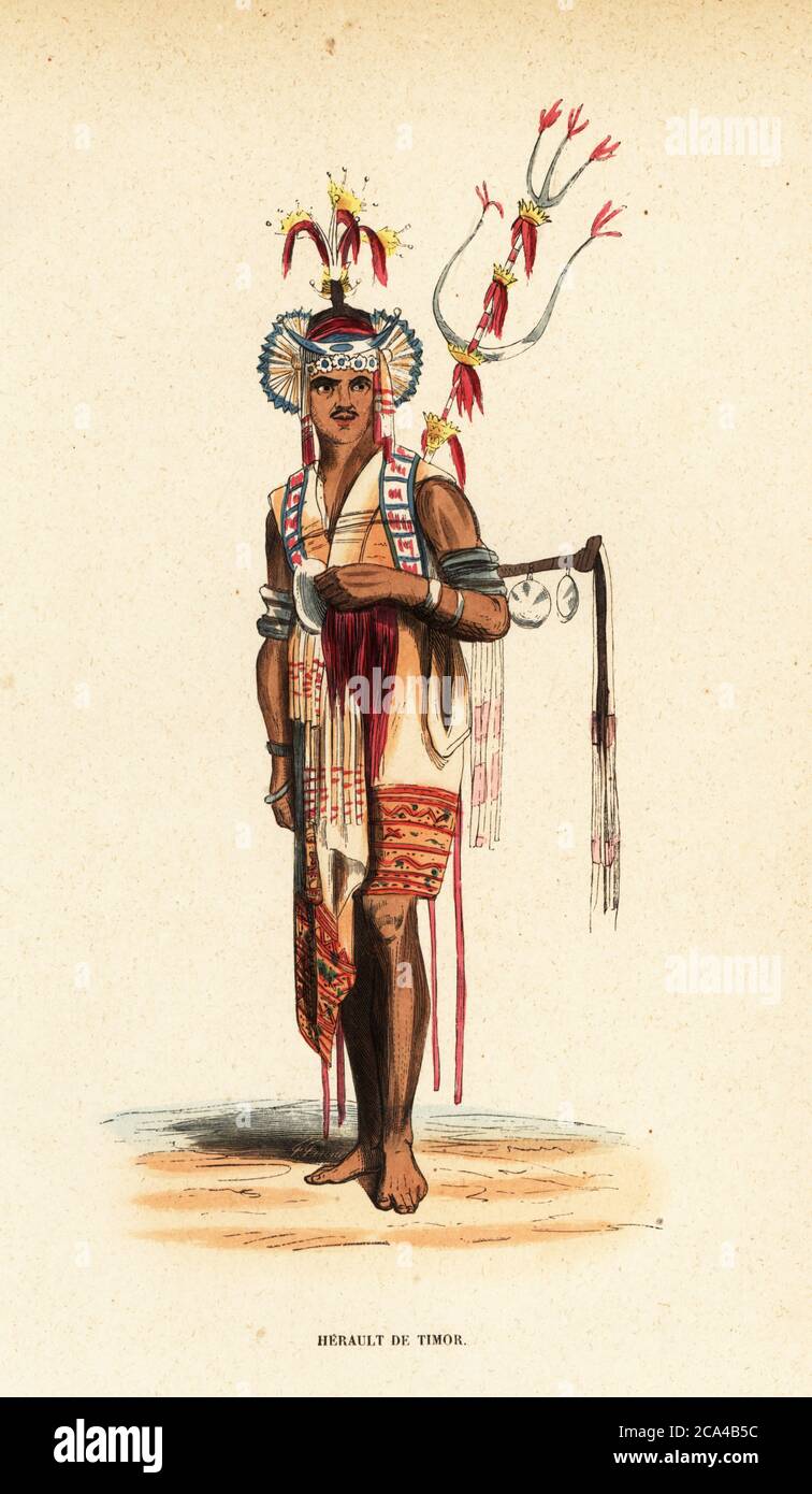 Herald of Amarasi, Kupang, Timor, West Timor, Indonesia. He wears a hat with decorative plant fronds and feathers, and a fringed tunic. Herault de Timor. Handcoloured woodcut from Auguste Wahlen's Moeurs, Usages et Costumes de tous les Peuples du Monde, (Manners, Customs and Costumes of all the People of the World) Librairie Historique-Artistique, Brussels, 1845. Stock Photo