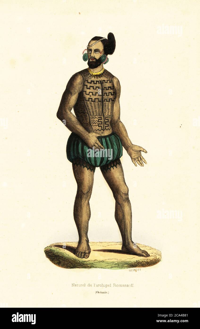 Native man of Tikei Island, Tuamotu group, French Polynesia. Wearing a grass skirt, rolled green-leaf ear plugs, necklace, and headdress. His body decorated with geometric tattoos. Adapted from a portrait of Larik, chief of the Romanzoff islands, by Louis Choris in Otto von Kotzebue’s Voyage pittoresque autour du monde. Naturel de l’archipel Romanzoff (Oceanie). Handcoloured woodcut by Mercier after Louis Choris from Auguste Wahlen's Moeurs, Usages et Costumes de tous les Peuples du Monde, (Manners, Customs and Costumes of all the People of the World) Librairie Historique-Artistique, Brussels, Stock Photo