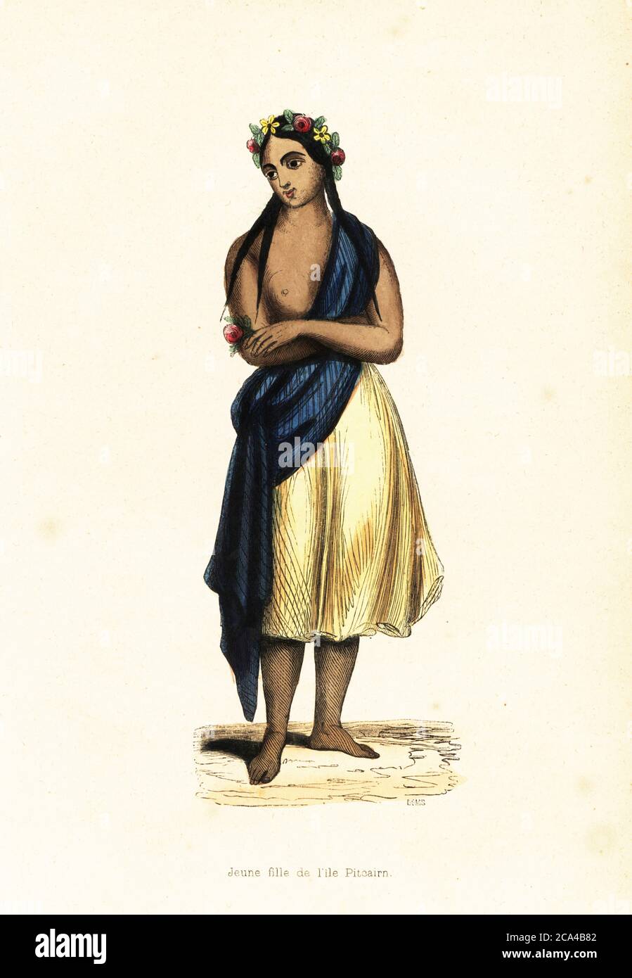 Tahitian girl of Pitcairn Island, South Pacific Ocean. One of the Tahitiian  women brought by the English mutineers of HMS Bounty. She wears a blue  shawl, yellow skirt and a garland of
