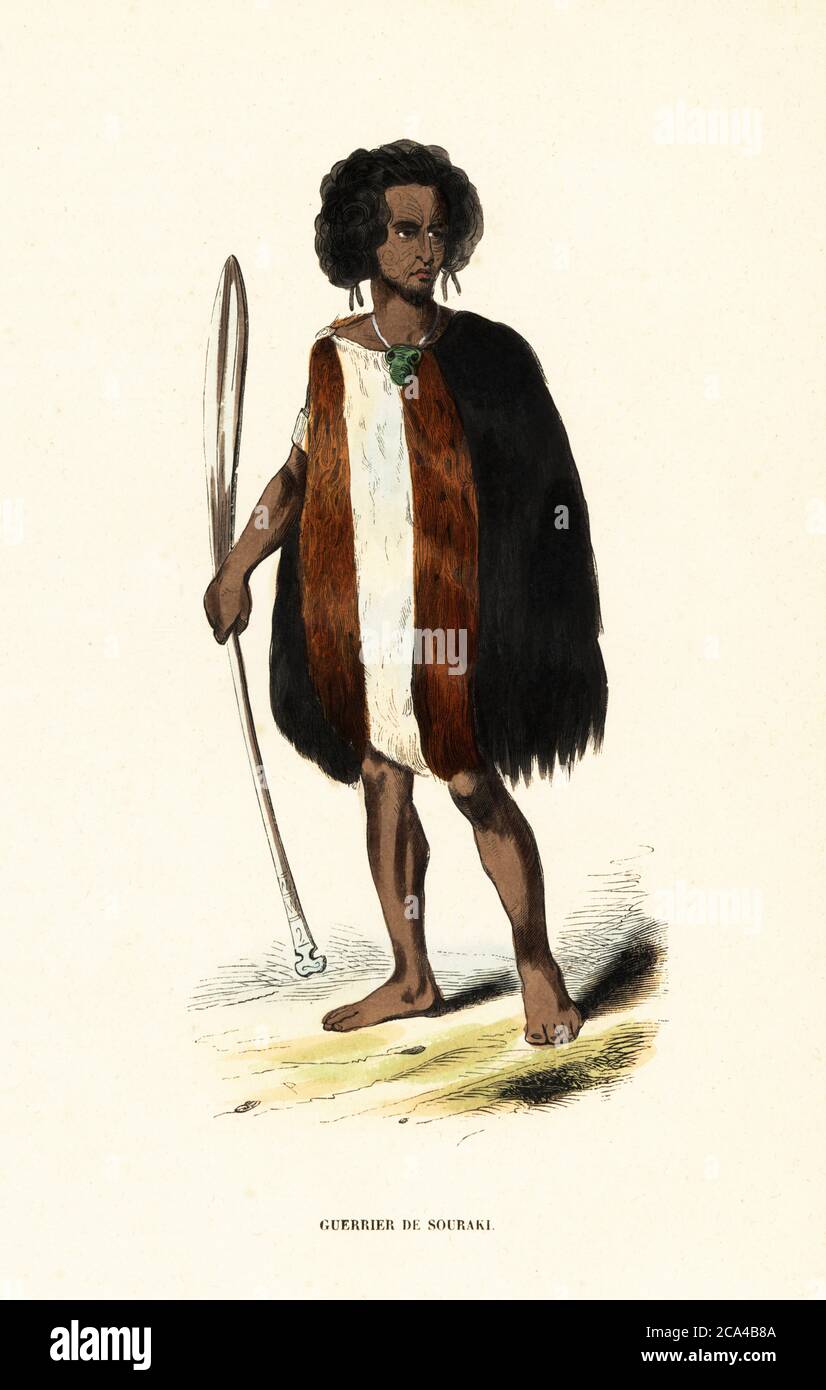 Maori warrior of Souraki (Hauraki Gulf), North Island, New Zealand. He has face tattoos or Ta moko, wears a striped cloak and holds a broad-bladed paddle. Guerrier de Souraki ou Chouraki. Adapted from an illustration by Louis Auguste de Sainson in Dumont d’Urville’s Voyage de la corvette l’Astrolabe. Handcoloured woodcut by Pannemaker after de Sainson from Auguste Wahlen's Moeurs, Usages et Costumes de tous les Peuples du Monde, (Manners, Customs and Costumes of all the People of the World) Librairie Historique-Artistique, Brussels, 1845. Stock Photo