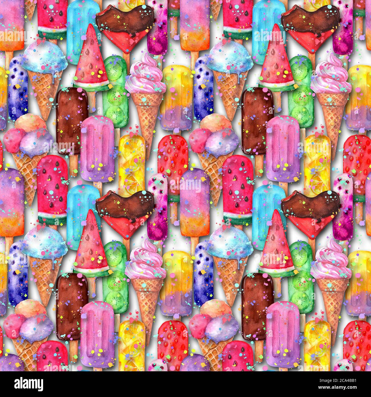 Watercolor hand drawn seamless pattern with multicolor ice cream and ...