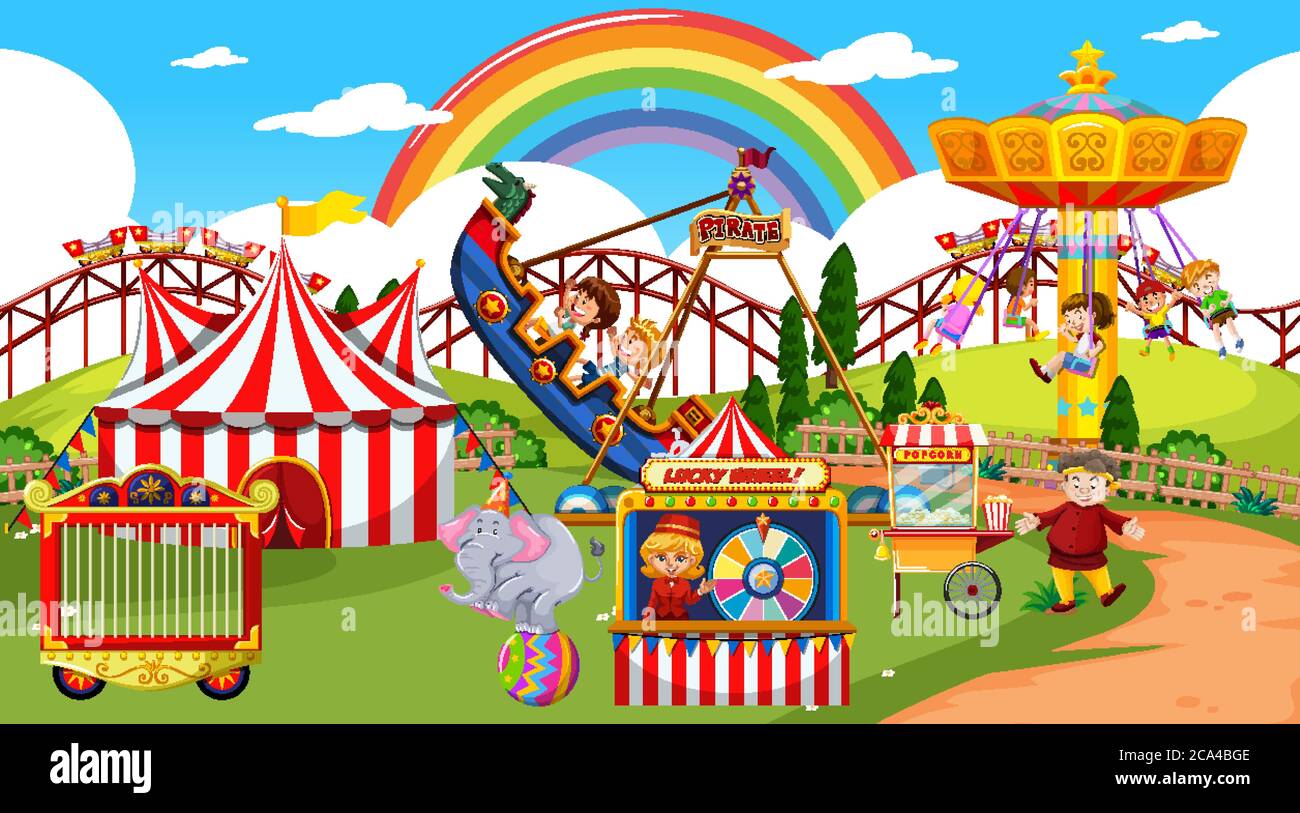 Amusement park scene at daytime with rainbow in the sky illustration ...