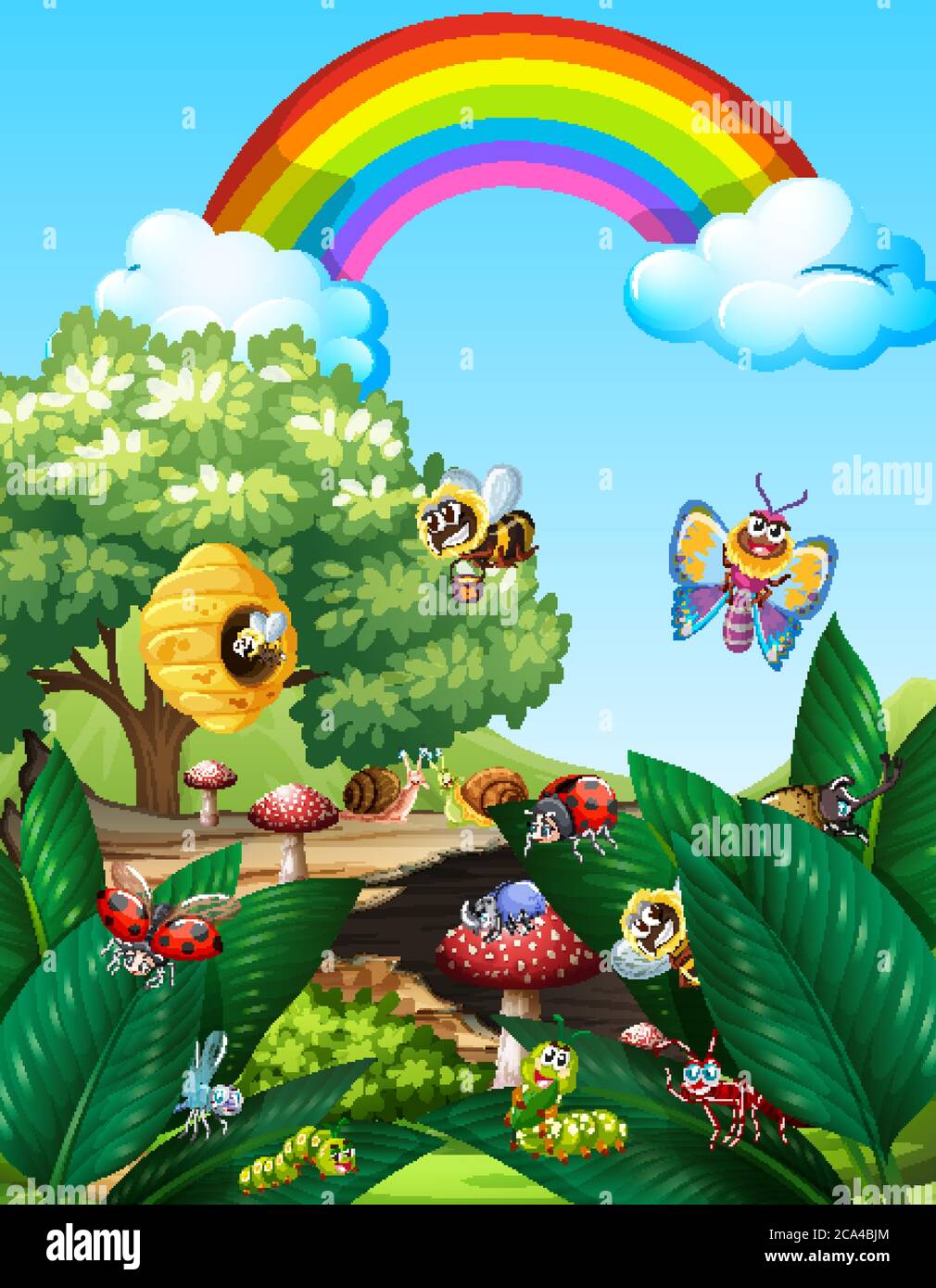 Different insects living in the garden scene at daytime with rainbow ...