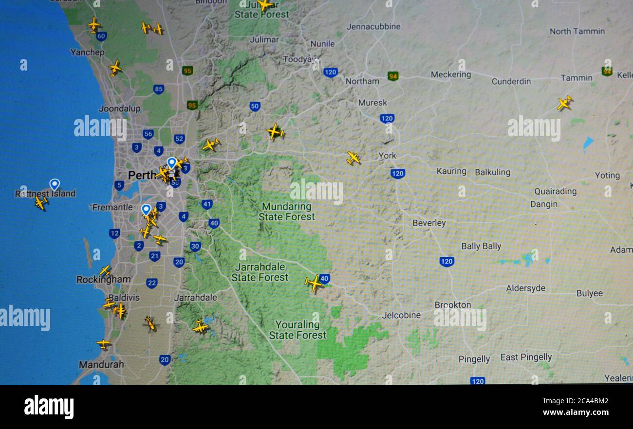 air traffic over Perth aera (04 august 2020, UTC 01.29),  on Internet with Flightradar 24 site, during the Coronavirus Pandemic period Stock Photo