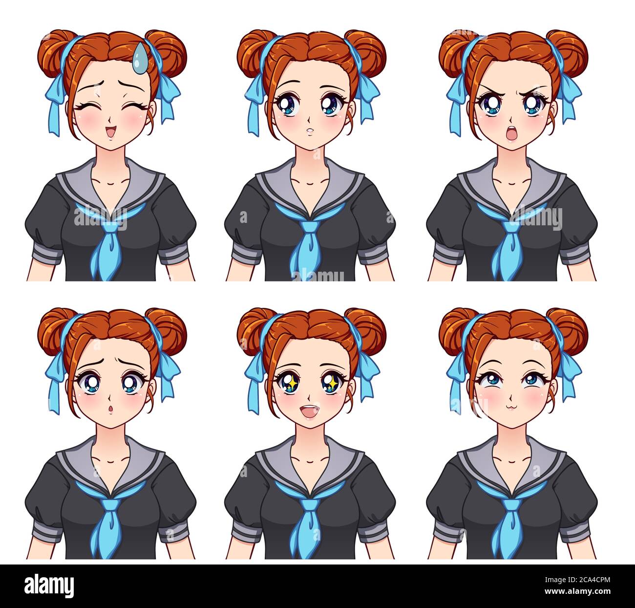 Set of anime expressions. Cute girl with buns hairstyle wearing