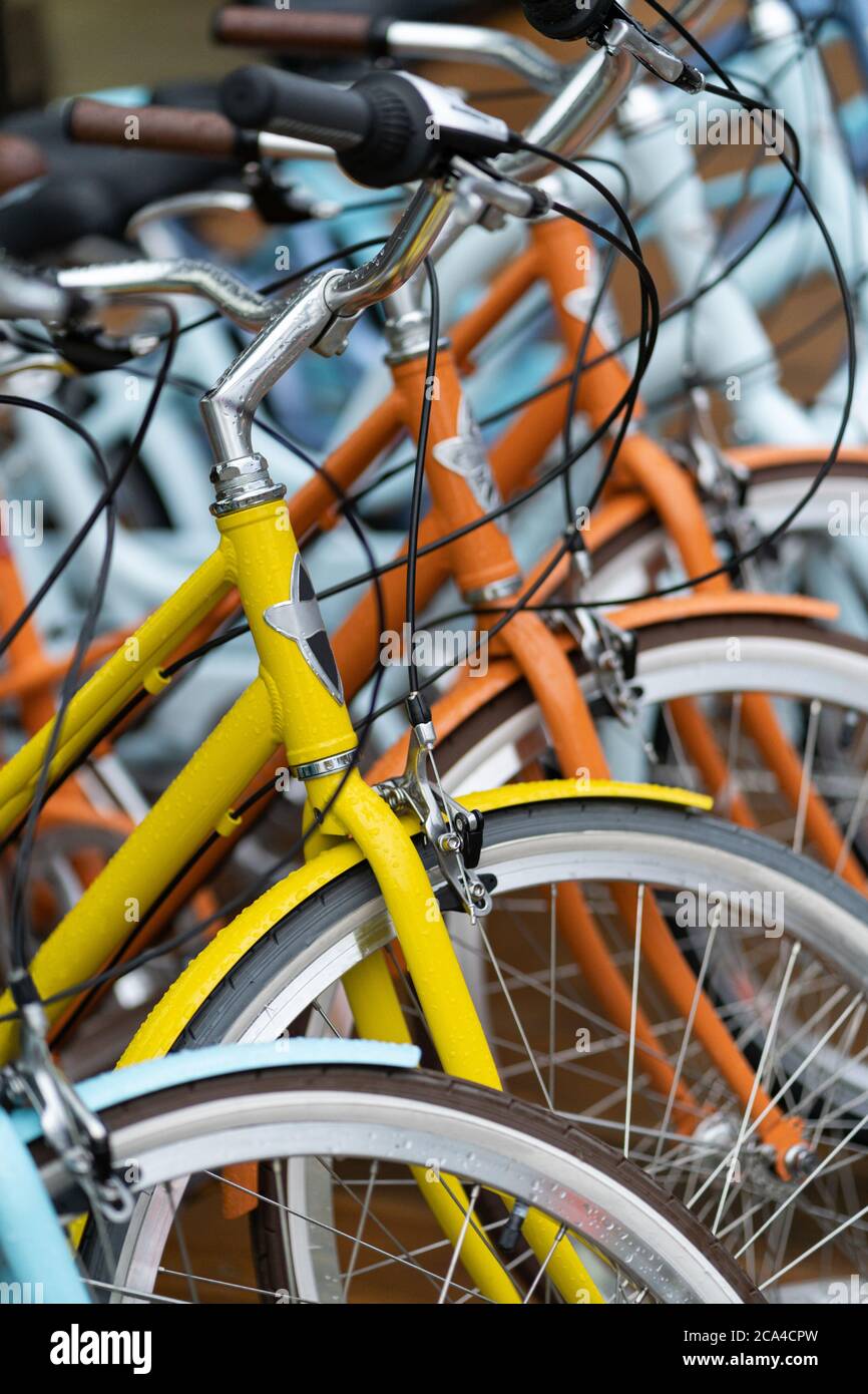 Bicycle outside wet from the rain steering wheel, close up Stock Photo