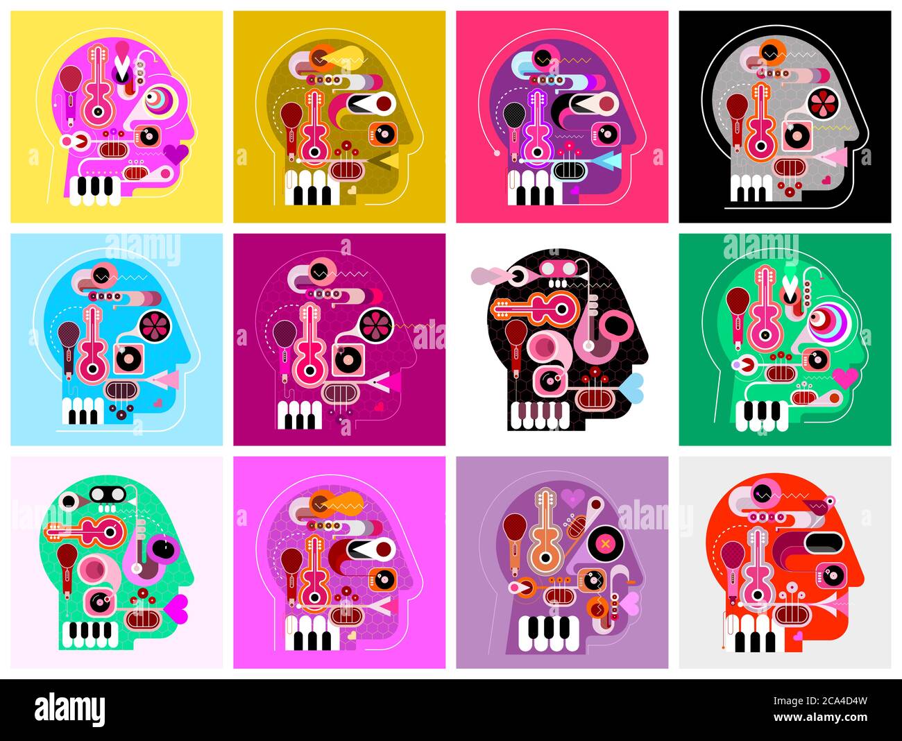Human head shape design consisting with a different musical instruments. Set of 12 different musical heads. Various vector illustrations combined into Stock Vector