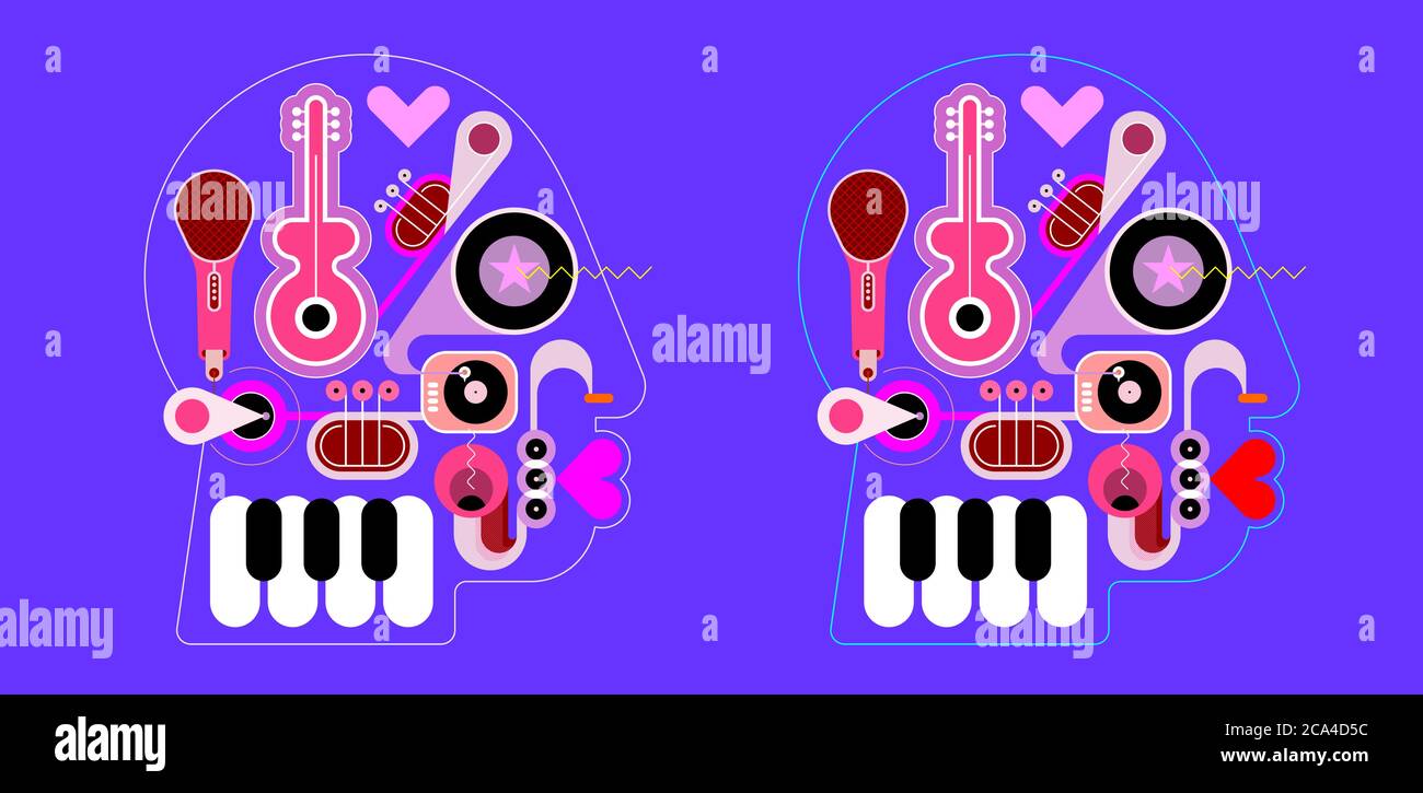 Two options of a Human head shape design consisting with a different musical instruments vector illustration. A music playing inside a head. Stock Vector