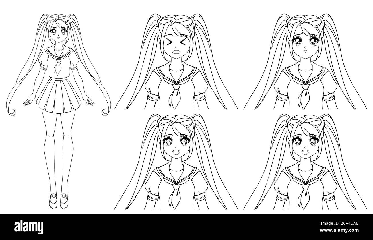 sketch of anime girl cute manga girl line art Stock Vector