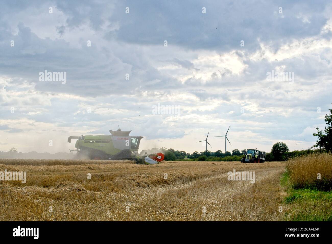 Winter Harvest Middle distance side on view of harvester moving left to right Crop and stubble in field Wind turbines in distance Cloudy sky Stock Photo