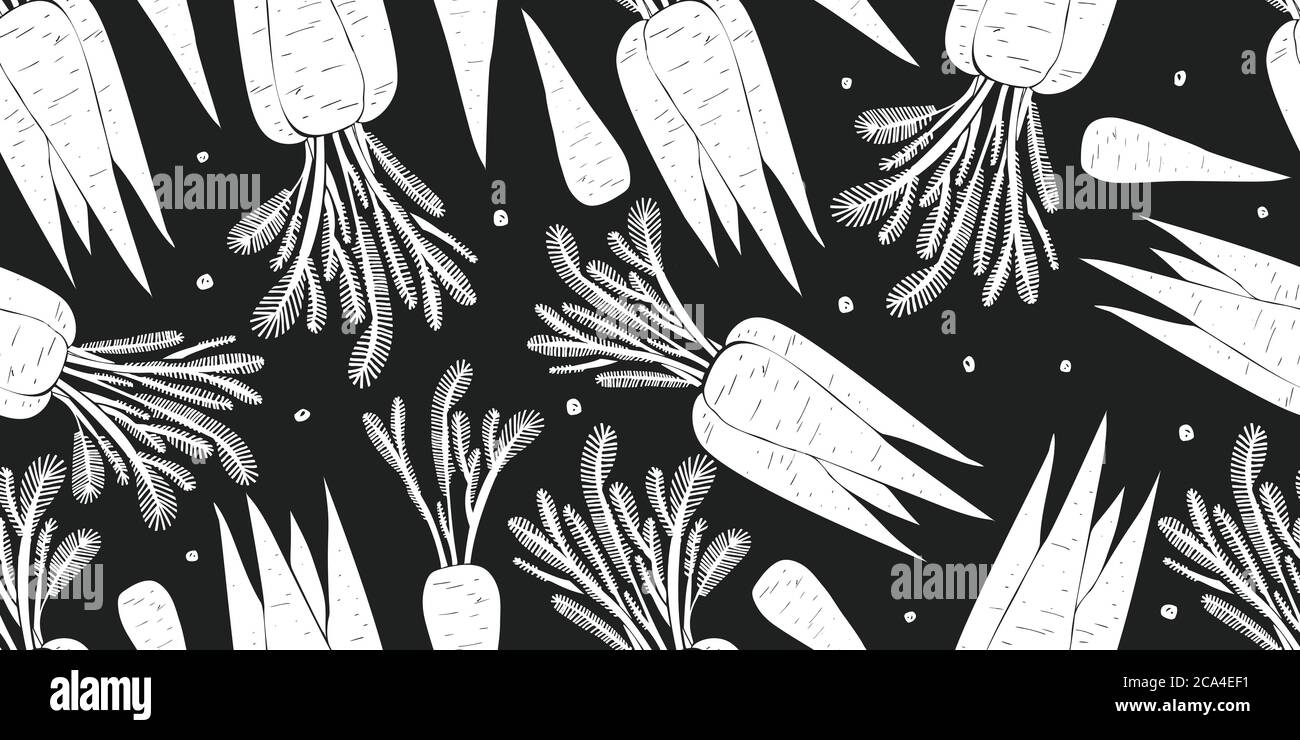 Hand drawn vector carrot seamless pattern. Organic cartoon fresh vegetable illustration. Cute vegetable botanical background. Stock Vector