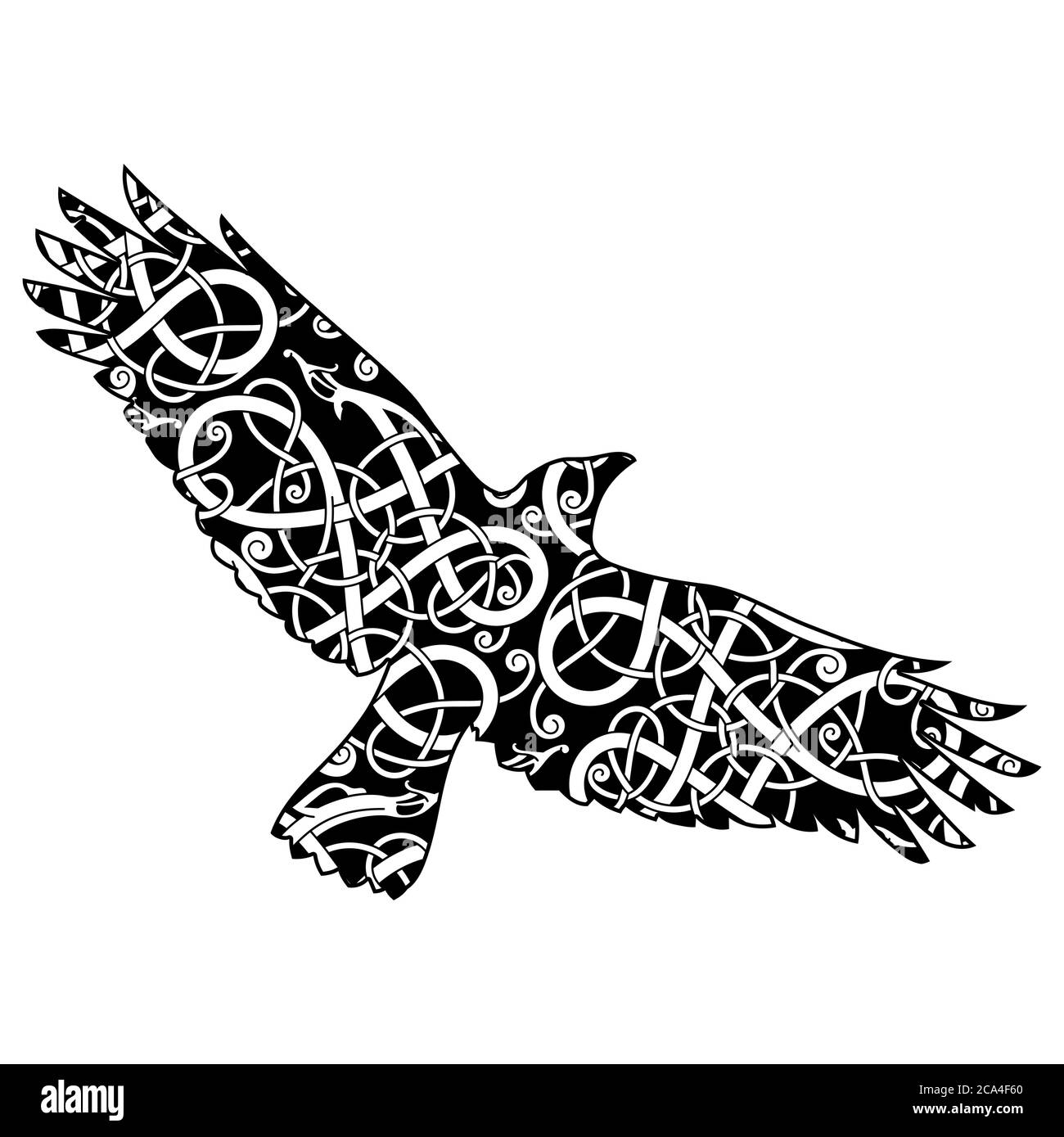 Flying Black Raven and ancient Scandinavian pattern Stock Vector