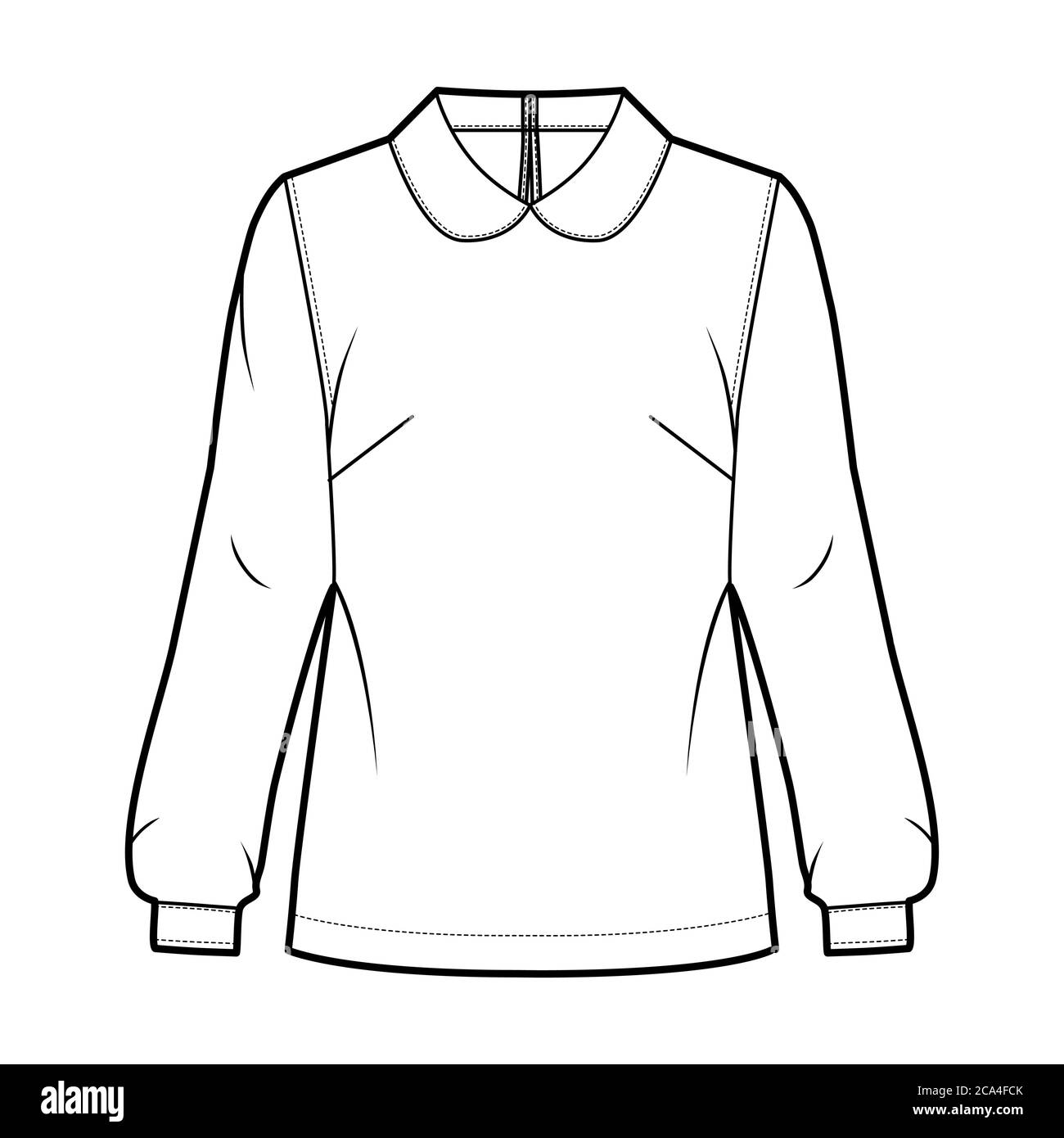 Round collar blouse technical fashion illustration with loose silhouette, long shirt sleeve, back button-fastening keyhole. Flat apparel template front, white color. Women, men unisex top CAD mockup Stock Vector