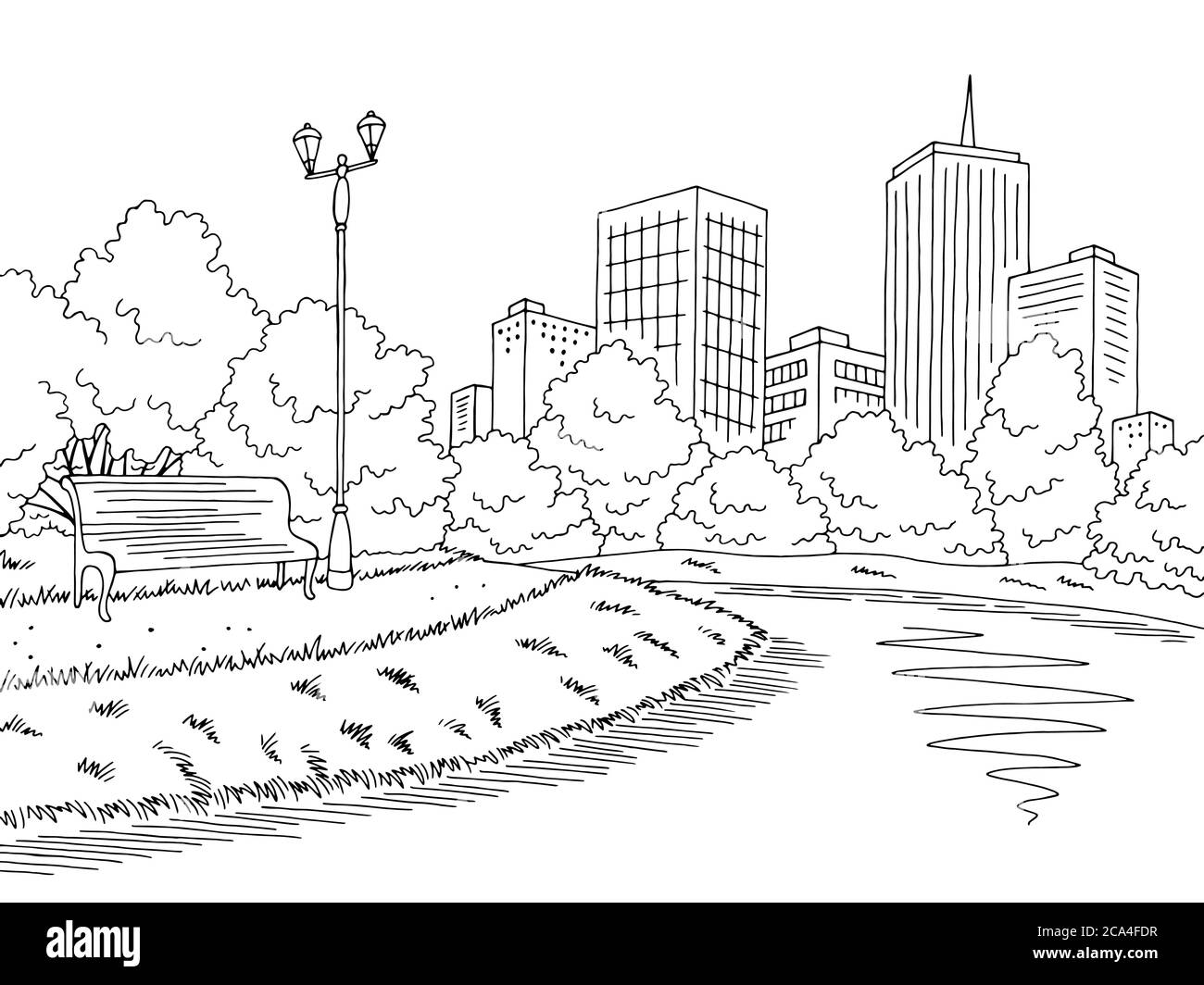 Park river graphic black white city landscape sketch illustration vector Stock Vector