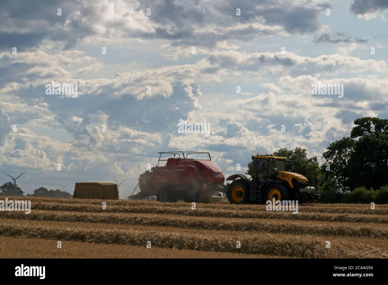 Baling after the harvest Close up view of bailer ejecting bale onto the ground Moving left to right Dust in the air Cloudy Trees Landscape format Stock Photo