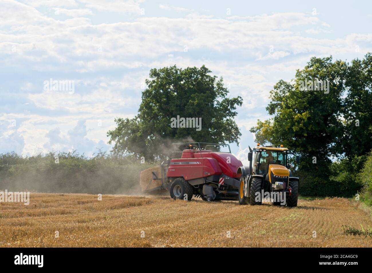 Baling after the harvest Close up view of bailer ejecting bale onto the ground Moving left to right Dust in the air Cloudy Trees Landscape format Stock Photo