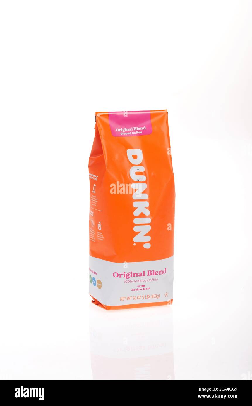 Dunkin’ Donuts Original Blend Ground Coffee bag on white Stock Photo