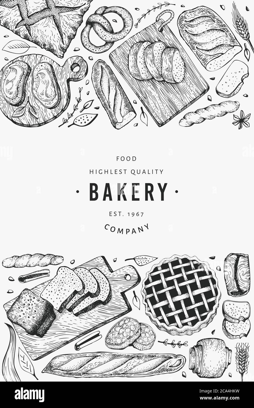 Bread and pastry banner. Vector bakery hand drawn illustration. Vintage ...