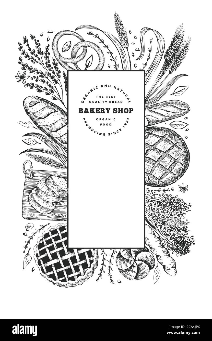Bread and pastry banner. Vector bakery hand drawn illustration. Vintage ...