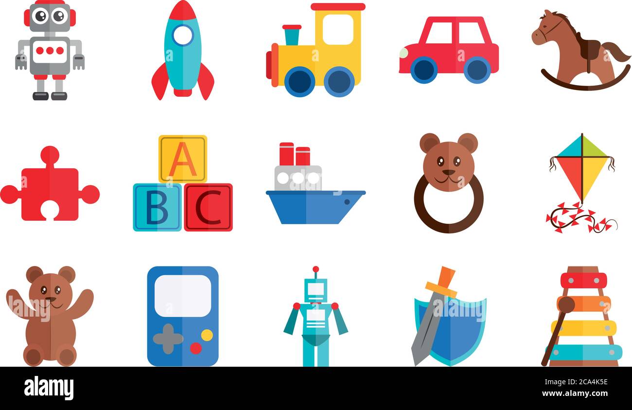 cartoon toy robot rocket train horse boat, object for small children to  play, flat style icons set vector illustration Stock Vector Image & Art -  Alamy
