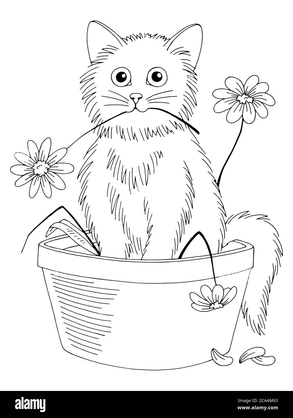 Kitten break flowers and sitting in the pot graphic black white isolated sketch illustration vector Stock Vector