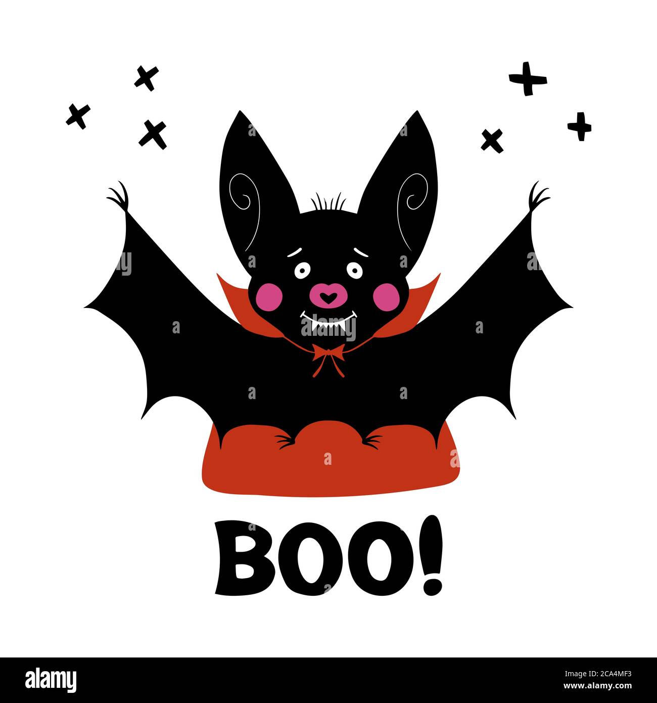 Cute cartoon vampire bat with fangs and red cloak. Doodle cross elements and boo word. Halloween greeting card. Isolated on white background. Vector Stock Vector