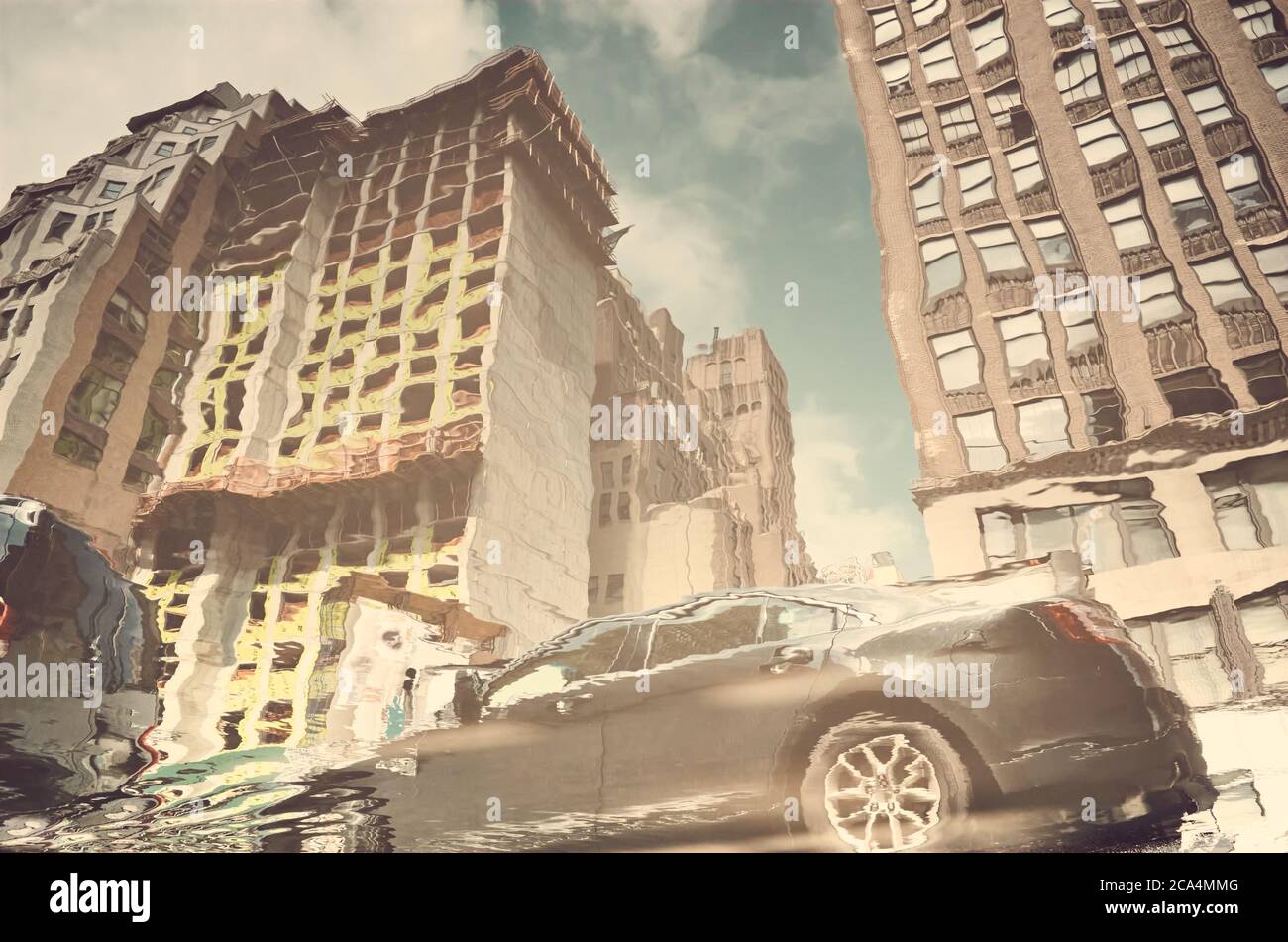Blurred and distorted view of a car in New York City reflected in puddle, color toning applied, USA. Stock Photo