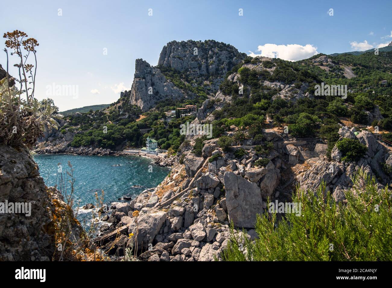 Landscape of a Koshka mountain with the Black Sea in Crimea Stock Photo