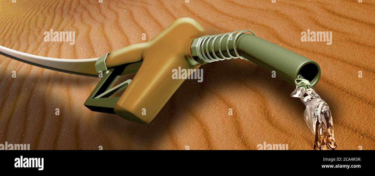 Gasoline being splashed from a gas nozzle in a desert Stock Photo