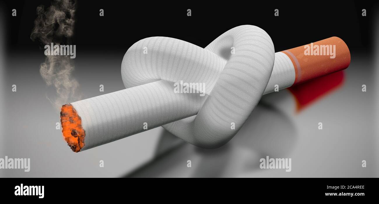 Close-up of a lit cigarette with a knot Stock Photo