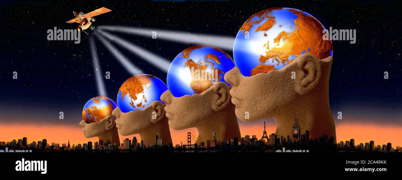 Satellite transmission over world cities with four globe heads Stock Photo
