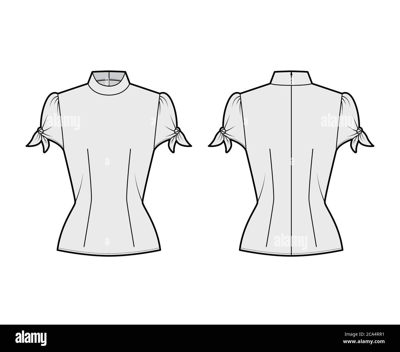 Knotted cutout blouse technical fashion illustration with high neckline, puffed volume sleeves, back zip fastening. Flat apparel template front, back grey color. Women men unisex garment CAD mockup Stock Vector