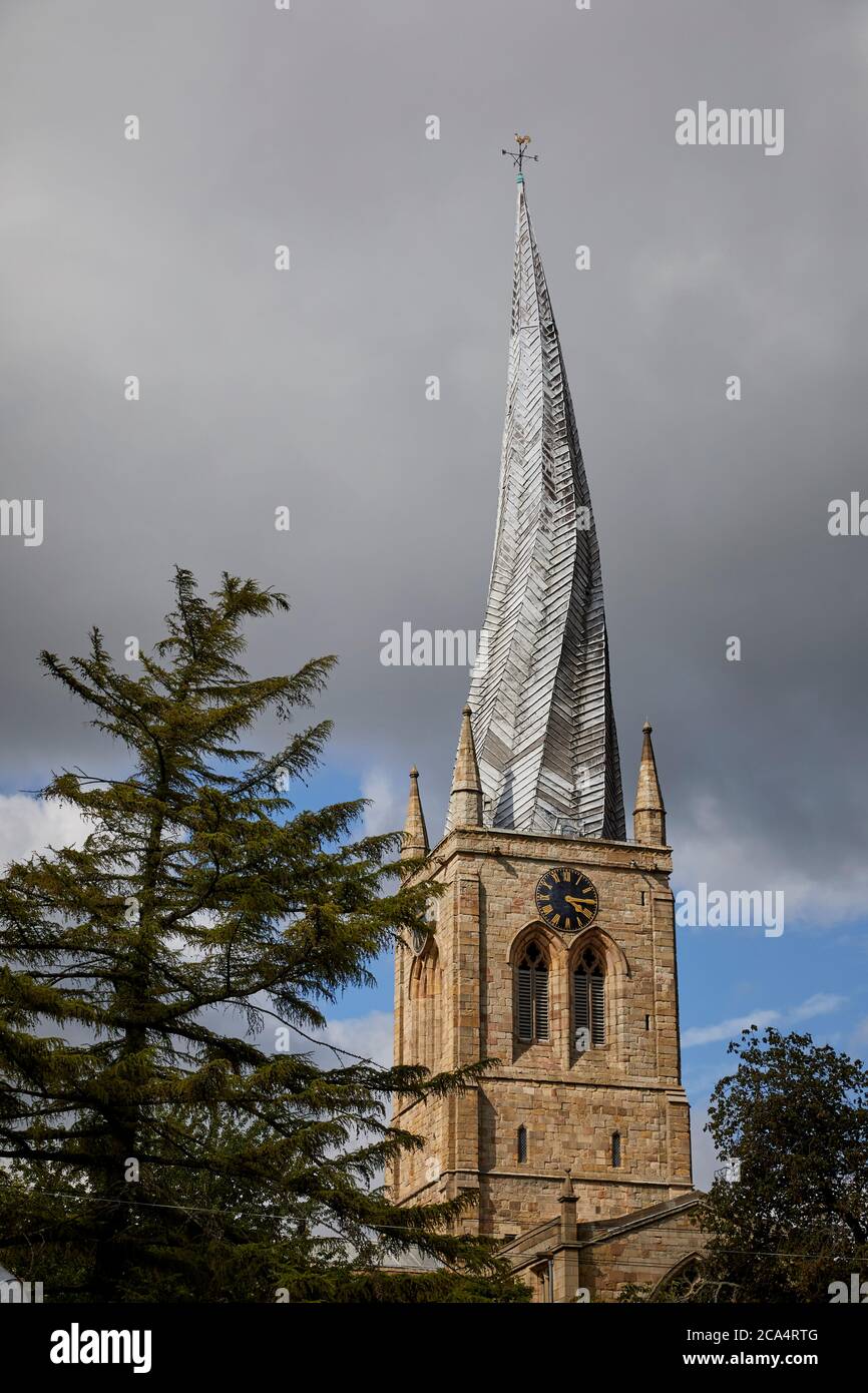 Chesterfield town centre in Derbyshire landmark Chesterfield Parish Church with iconic crooked spire Stock Photo
