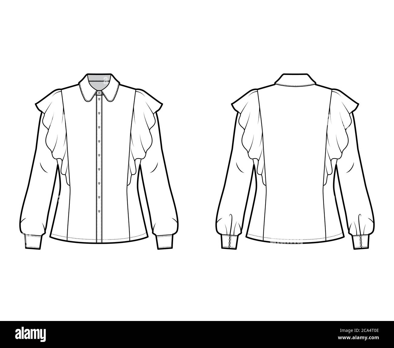 Shirt technical fashion illustration with fitted body, round collar ...