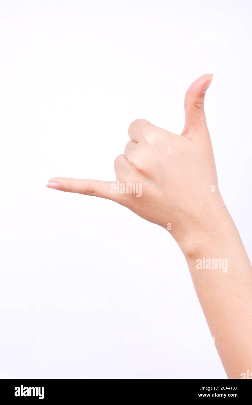finger hand symbols isolated concept hand making a call phone me gesture sign on white background Stock Photo