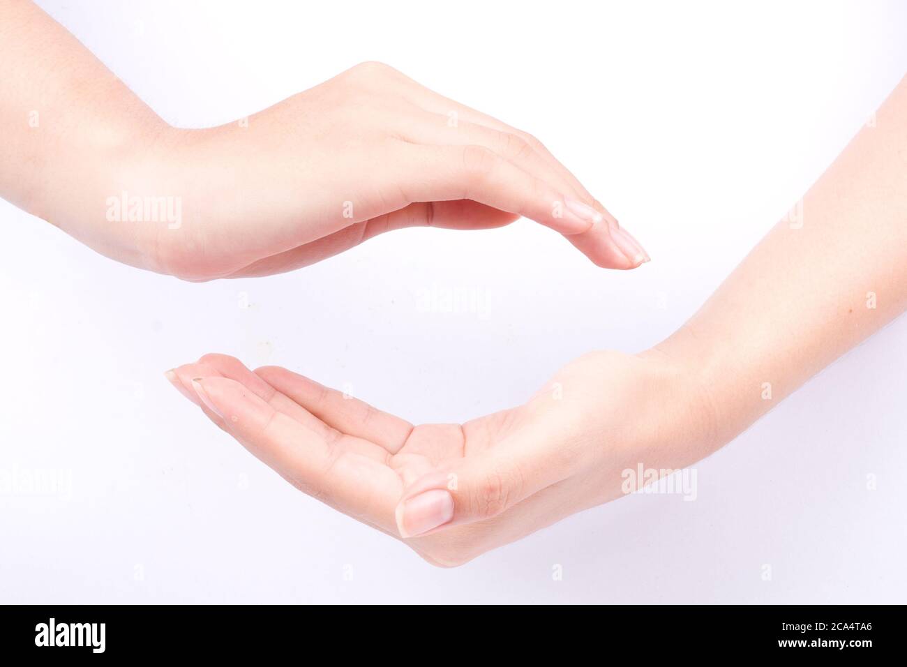 finger hand symbols isolated concept join two cupped hands and may the force be with you on white background Stock Photo