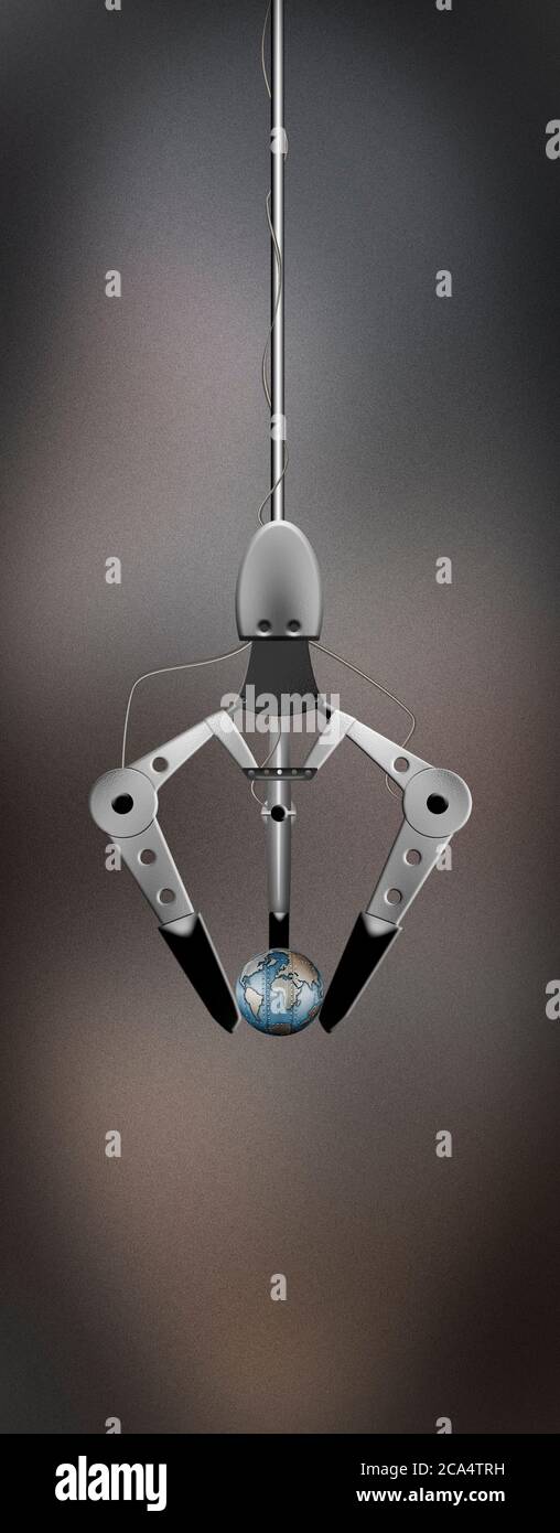 Metal claw holding metal earth Stock Photo