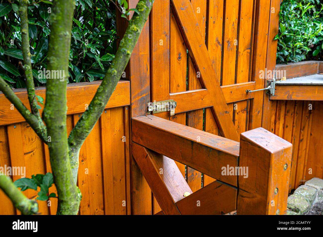 Wooden gate and fence on the back of the home garden. The gate is