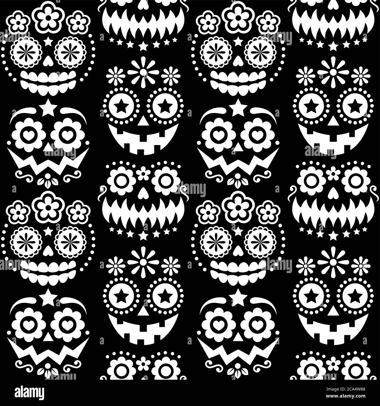 Halloween and Dia de los Muertos skulls and pumpkin faces vector seamless pattern - Mexican sugar skull style monochrome texile design Stock Vector