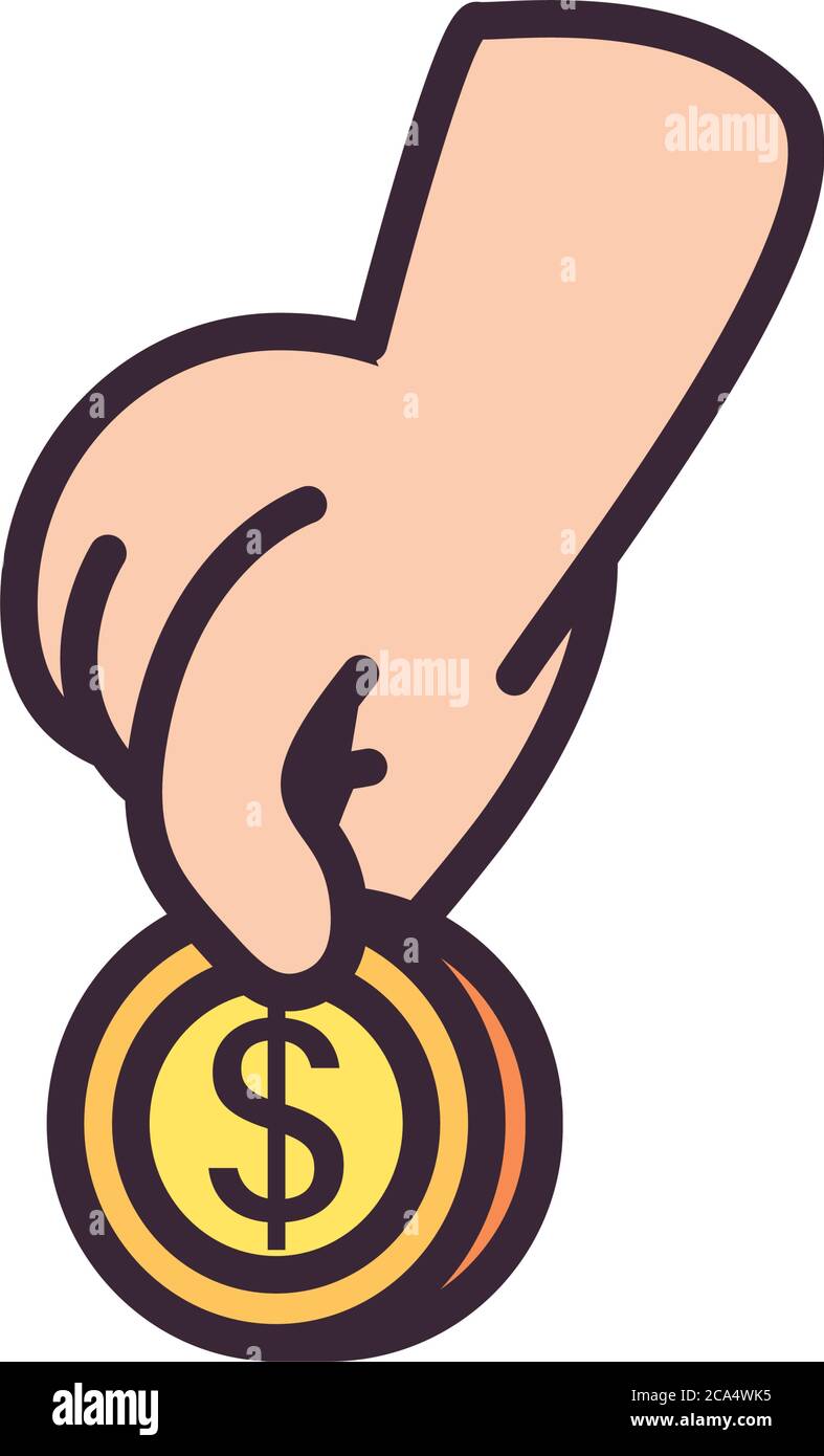 hand holding dollar coin line and fill style icon of money financial ...