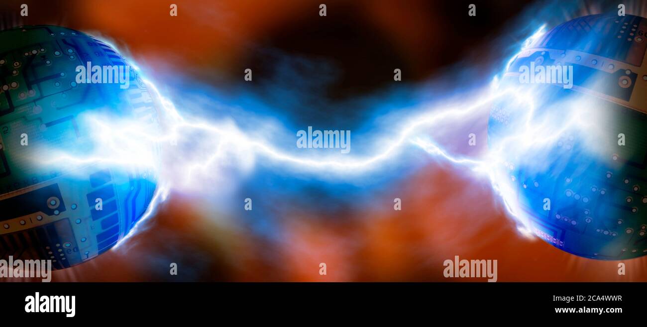 Lightning between two digital balls Stock Photo