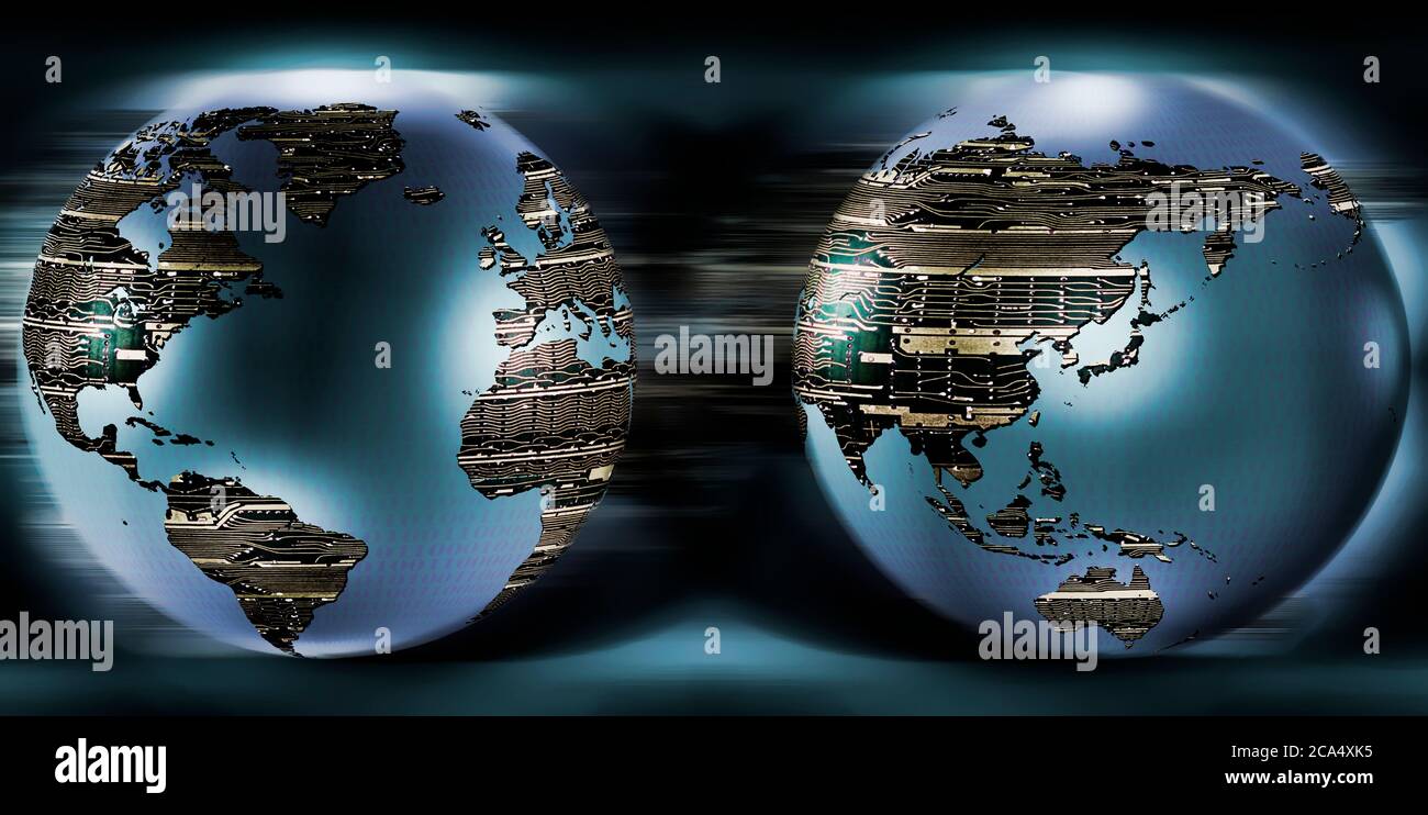 Two sides of earths made of digital circuits Stock Photo