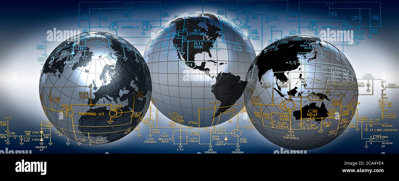 Three globes with electronic diagram Stock Photo