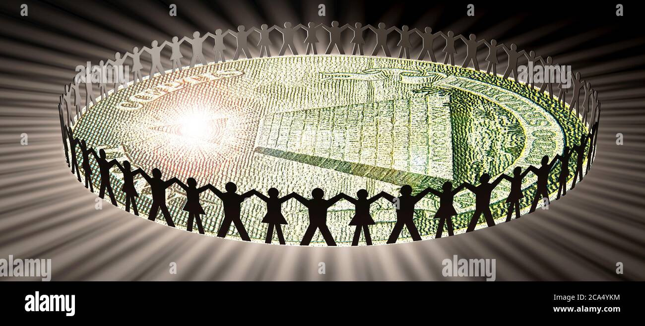 People in circle around money Stock Photo